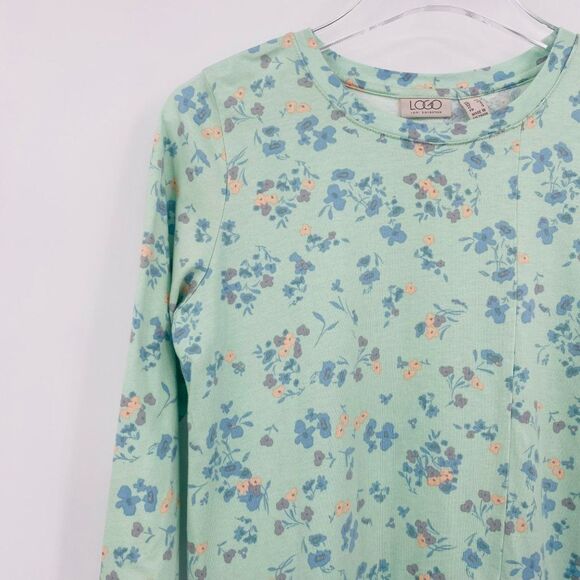 LOGO Lori Goldstein Size XS Green Blue Floral Print Knit Top w/ Asymmetric Seam - Picture 4 of 9